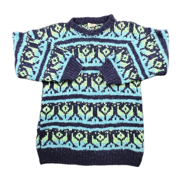 Vintage Rey Wear Hand Knit Wool Sweater Made in Ecuador Men's Large Blue Green - Picture 1 of 6